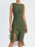 GETADME Elegant Ruffle Ruched Midi Dress For Women Robe Summer New Backless Sleeveless Irregular Club Party Sexy Dress Vestido