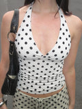 GETADME Weird Puss Polka Dot Print Vest Women Y2K Lace-Up Backless Halter v-Neck Skinny Summer Trend Daily  Street Basic Chic Tank Tops