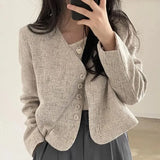 Women Outerwear Retro V-neck Single-Breasted Loose All-Match Long Sleeve Short Outerwear Korean Fashion Casual Top Wholesale