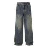 GETADME Korean Style Large Pocket Workwear Jeans Retro Blue Men'S Baggy Jeans Straight Leg Pants Casual Wide Leg Pants Casual Pants