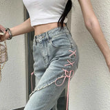Getadme-American Split Jeans Women Pink Bandage High Waist Irregular Spliced Denim Pants Zipper Fly Trousers Y2k Pantalon Femme