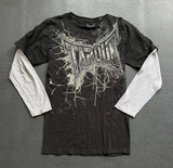 GETADME Gothic Vintage Distressed T-Shirt Two-in-One Skeleton Print Layered Top Y2K Retro Streetwear Loose Fit Harajuku Fashion Tee