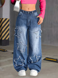 GETADME Girl's Y2K New Five-Star Patch Trendy Straight-Leg Jeans, Elastic Waist, Comfortable Fabric, Suitable for All Seasons to Wear.