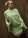 GETADME Elegant Solid Multiple Flounces Lace Up Dresses Chic Loose V Neck Full Sleeve Robes New Lady Summer Commute Vacation Gown 2025