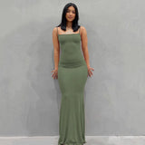GETADME 2025 Summer Fishtail Backless Dresses For Women's Sexy Spaghetti Strap Gray Long Dress Y2k Sleeveless Solid Skinny Robe Vestidos