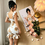 GETADME Bohemian Sleeveless Ruched Floral/Plant Print Mini Dress for Women, Multi-Color Ruffle Hem Spaghetti Strap Knit Fabric