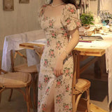 Getadme-Bubble sleeve floral dress casual women's elegant chic vintage boho Party formal occasion korean style beach long soft dresses