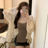 Getadme-Autumn Thin Hollow Out Knitted Cardigan Women Sexy Long Sleeve Shawl Button Sweater Woman Casual Sun Protection Outwear