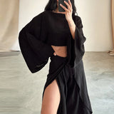 GETADME Spring Casual Solid Cotton Linen Suit Summer O Neck Crop Top+Lace-up Ruffle Pants Outfit Sets for Women Flare Sleeve Hollow 2pcs