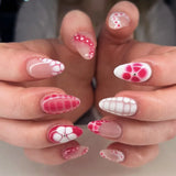 GETADME 24Pcs 3D Strawberry Rabbit Flower Fake Nails Press on Mid-length Almond Wearable False Nails Green Gradient Pearl Manicure Tips