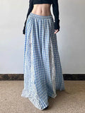 GETADME Lace Patchwork Plaid Long Skirts Women Vintage Loose Sexy A Line Skirt French Retro Elegant Lady Design Sweet Casual Skirt