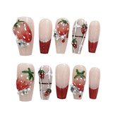 GETADME Handmade Press on Nails 3D Sweet Strawberry Crystal Design Fake Nails Shiny Red French Long Ballet Coffin False Nail Tips 10pcs