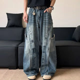GETADME Korean Retro Jeans Men'S Curved Knife Pants Design Sense Vintage Casual Straight Leg Pants Loose Large Pocket Wide Leg Pants