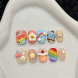 GETADME 10Pcs Cute Short Round Handmade Fake Nail Glitter Colorful 3D Sweet Cool Art Finished Nail for Girl Wearable Full Cover Press On