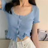 GETADME Korean Style Summer Spring Lace T-shirt Button Stylish Crop Top Slim Fit Knitted Cardigans