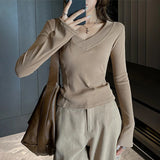 GETADME Autumn Winter New Chic V-Neck Bottoming Tops Women Korean Fashion Skinny Long Sleeve T-Shirt Thicken Warm Knitted Innerwear Tees