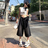 GETADME Summer American Style Vintage Women Baggy Jeans Y2k Loose Washed High Waist Knee Length Denim Pants Streetwear Wide Leg Shorts