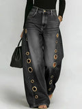 GETADME Women's High Waist Straight Leg Jeans Metal Ring Hollow Denim Pants Baggy Autumn Casual Long Jeans with Pockets Street Style