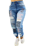 GETADME Women Denim Jeans Ankle Length Print Holes Pencil Pants Pockets Washing Slim Basics Zipper Fly Spring Flat Slight Strech