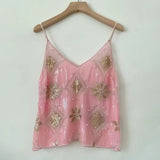 GETADME Women's Hot Sweet Sequin Bead Crop Tops Sexy Sling Slim Fit Short V-neck Straight Tank Top Korean Fashion Y2k Clothing