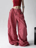 GETADME Summer Wide Leg Pants Women Red Plaid Loose Casual Streetwear Lace Up Trouser Vintage Lazy Wind Sports Straight Sweatpants New