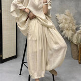 GETADME Loose Ramie Set For Women Large Size With Bat Sleeves V-neck Cotton Linen T-shirt Casual Lantern Pants Two-Piece Set For Summer
