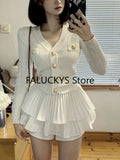 Getadme Elegant Dress 2 Piece Skirt Set Office Lady Casual French Knitted Top + Women Party Sexy Mini Skirt Korean Fashion Autumn