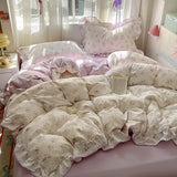 GETADME Ruffles Bedding Set Floral Style Duvet Cover Pillowcase with Bedsheet Skin-friendly Bed Linen Set Girls Room Bedclothes 이불세트