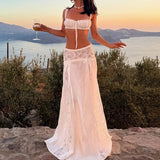 GETADME Women Boho 2 Piece Outfits Y2k Vintage Lace Square Neck Tie Up Ruched Crop Tank Top + Maxi Skirt Set Fairycore Holiday Beachwear