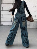 GETADME 2026American Retro Y2K Style Graffiti Printed Baggy Women's Jeans Strap Jumpsuits Pants Woman Clothing Blue Overalls Trousers