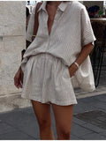 GETADME Vacation Women's Striped Elastic Waist Shorts Set Casual Lapel Single Breasted Short Sleeve Tops Suit Chic 2025 New Lady Outfits