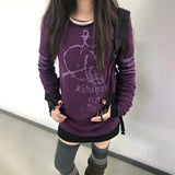 GETADME Japanese Y2k Letter Print T-shirt Women Grunge 2000s Style Vintage  Long T-Shirt Harajuku American Retro Long Sleeve Purple Tops