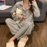 GETADME Pajamas Women Long Sleeve Trousers Summer Grey Cardigan Striped Sleepwear Loungewear Two Piece Set Ladies Nightwear Homewear