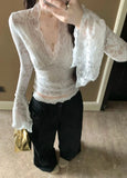 GETADME See Through Sexy T-Shirts Fashion Women Flare Long Sleeve Spring Summer Lace Beauty Crop Tops Casual Streetwear V-Neck Chic Tees