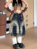 GETADME American Streetwear Lace Up Cargo Denim Pants Summer Hot Girl Chic Loose Wide Leg Cropped Pants 2000s Y2k Shorts Women Clothing
