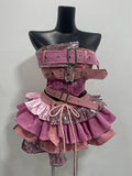 GETADME Y2K Style  Low Waist  Patchwork Sleeveless Halter Top Irregular pink Half Skirt Sexy Short Skirt kpop dance Outfit Lolita Set