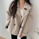 Getadme Women's Woolen Jacket Korean Chic Winter Short Coat Double Breasted Loose Casual Long Sleeved Thick Warm Wool & Blends for Women