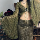 GETADME Green Y2K Mori Girl Flared Sleeve Cardigan For Women Tie-up Lace Cover-Ups Perspective Ruffes Cropped Shirts Coquette