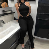 GETADME Summer 2025 Two Piece Sets Halter Backless Sleeveless Crop Top And High Waist Legging Workout Tracksuit Fitness Solid Outfits