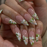 GETADME 24pcs Spring Day Sweet False Nails Cute Pink Flower Star Pearl Designs Press On Nails Stripes French Style Almond Fake Nail