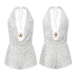 GETADME Women 2 Piece Sequin Short Outfits Sleeveless Halter Open Back Tie Tops Mini Shorts Sets Summer Sexy Club Streetwear New