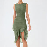 GETADME Wefads Women Maxi Dress Summer Elegant Solid Sleeveless Nipped Waist Slim Backless Ruffled Irregular Party Dresses Streetwear