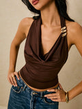 GETADME Women's summer sexy solid color fashionable metal decoration backless vest, summer short top