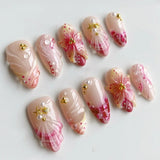 GETADME 24Pcs 3D Strawberry Rabbit Flower Fake Nails Press on Mid-length Almond Wearable False Nails Green Gradient Pearl Manicure Tips