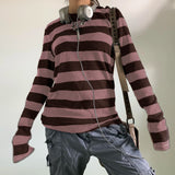 GETADME Women Fairy Grunge Knit Basic Shirt Autumn Y2K Grey Black Striped Long Sleeve Round Neck Tops Emo Tee