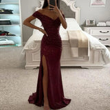 Getadme Elegant Gown Dress V-Neck Off Shoulder Maxi Dress Sequin Pleated Waist Tight Evening Party Dress Sexy Split Long Dreses