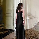 Getadme-봄과 여름 새로운 섹시한 여성용 롱 드레스 슬림 서스펜더 새틴 A-펄스 백리스 드레스 클럽 의류 베스티도