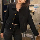 Getadme-Black Short Small Fragrance Coat Female Wool Tweed Small Fragrant Elegant Women Tops 2024 Autumn Korean Chic Temperament Jackets