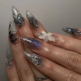 GETADME 24Pcs Black Y2k Long False Nails with Almond Head Design Cat's Eye Silver Stripe Pattern Press on Fake Nails Wearable Nail Tips