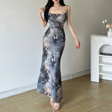 GETADME Fashion Butterfly Print Dress Summer Women Preppy Style Sexy Low Chest Sleeveless Strap Dresses Clubwear Elegant Lady Maxi Dress